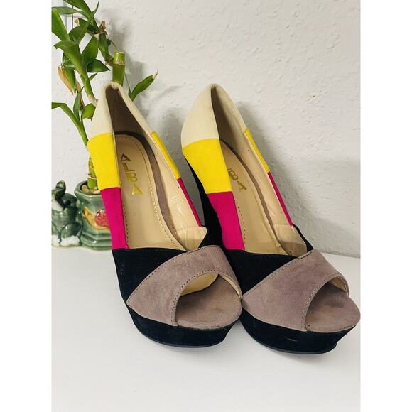 Pre-Owned Alba Color Black Yellow 5" High Heel Open Toe Wedges SZ 6 Disco - Picture 2 of 8